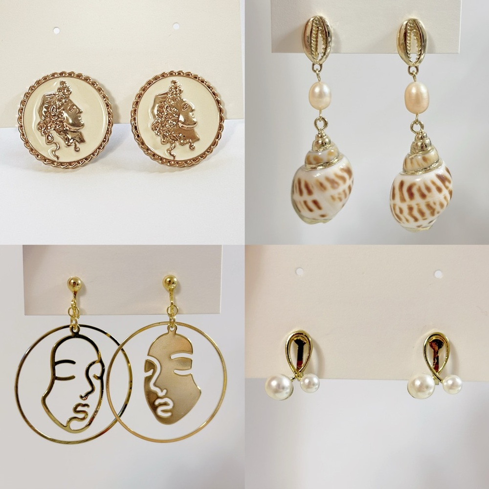 4/$80 Gold Tone Clip On Earrings Modern Vintage Mixed Style Set Ear Clips Summer